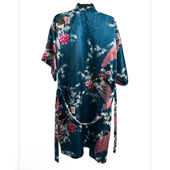 Dark Teal Green Exotic Peacock Floral Print Silk Blend Kimono Tie Robe OSFM - Picture 4 of 8